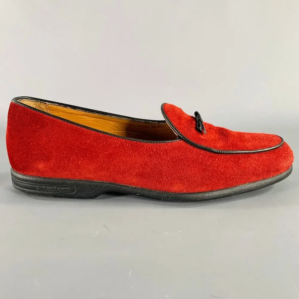 A.TESTONI Size 8 Burgundy Black Contrast Trim Suede Slip On Loafers